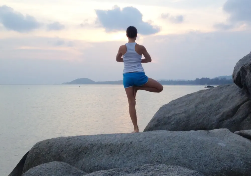 Woman in tree pose on a granite boulder beside a calm bay